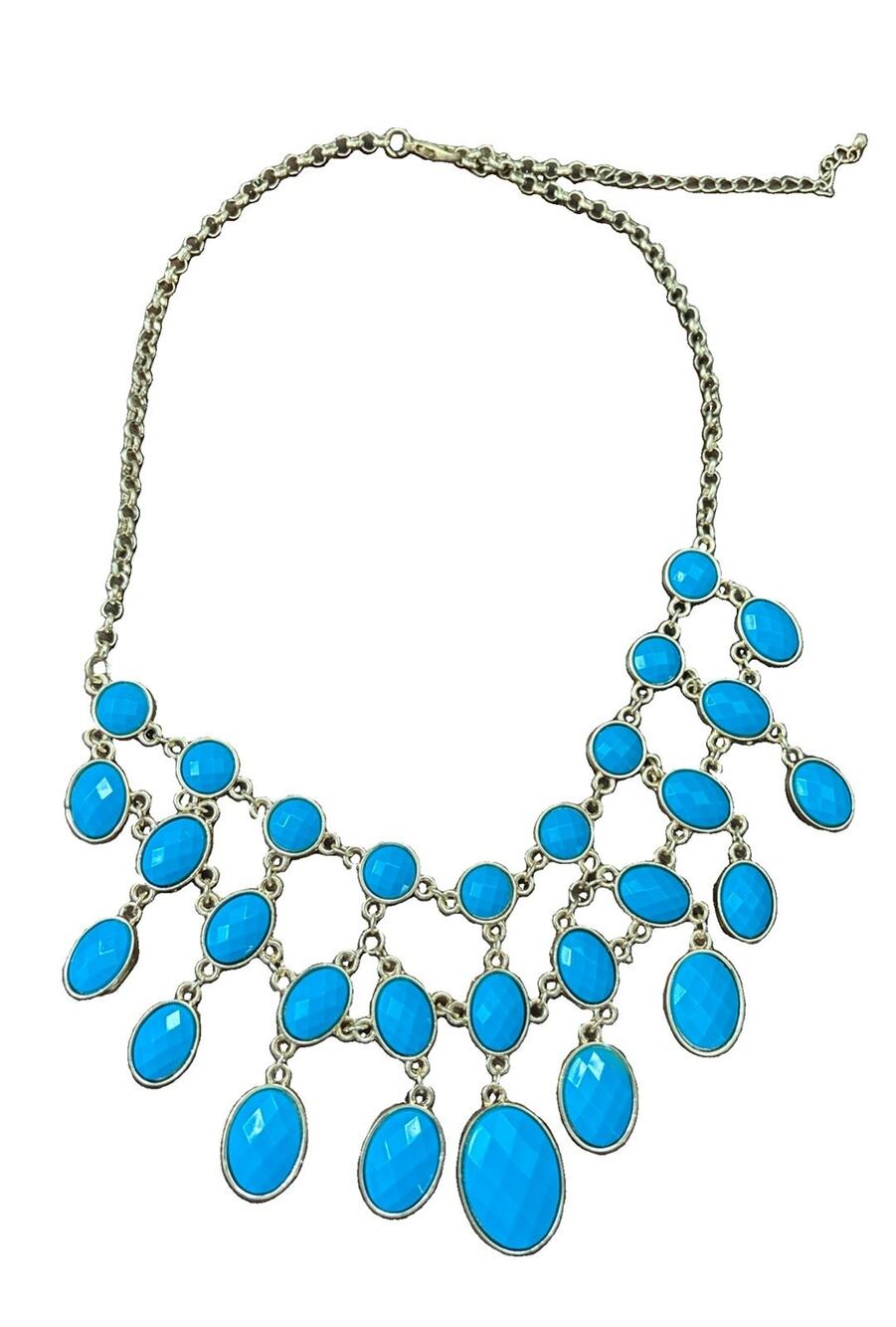 Goldtone Turquoise Blue & Tan Bib Necklace Reversible Statement Adjustable